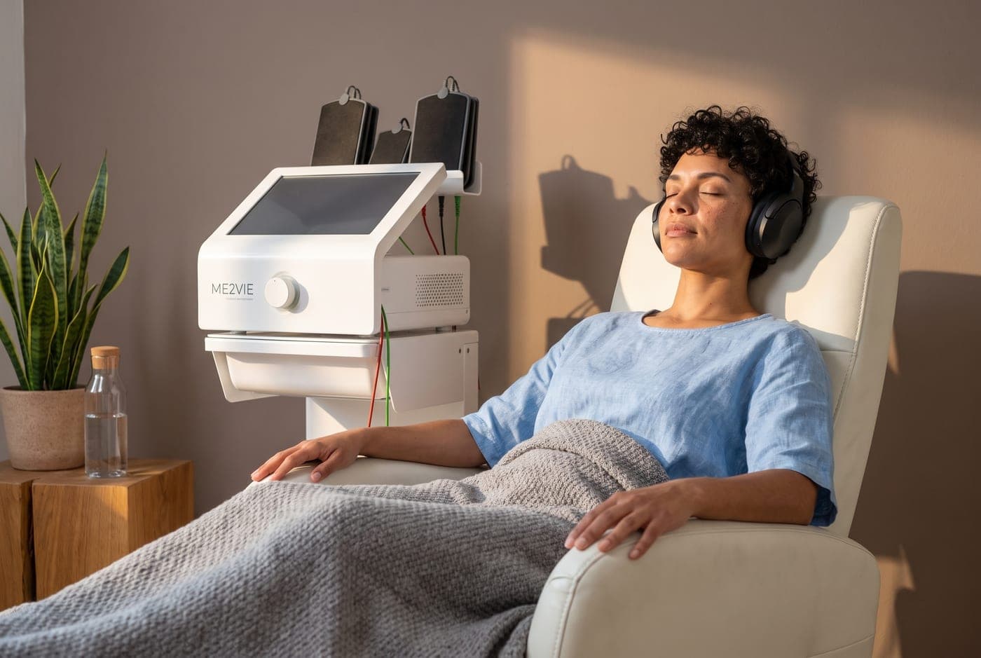Cliënt tijdens een Me2Vie mitochondriale therapie naast het Me2Vie-apparaat bij Neo Clinics